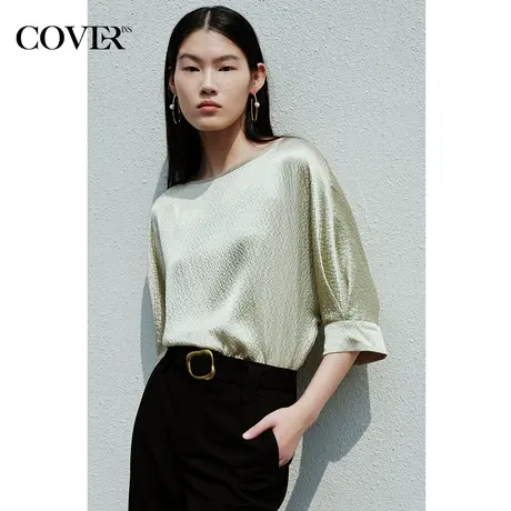 COVER夏季缎面弹力桑蚕丝连肩袖衬衫商品大图