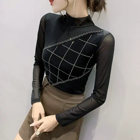 半高领加绒加厚打底衫女秋冬紧身内搭上衣性感网纱拼接T恤女长袖商品大图