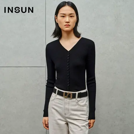 INSUN恩裳线上专选秋季美丽诺羊毛弹力V领针织衫商品大图