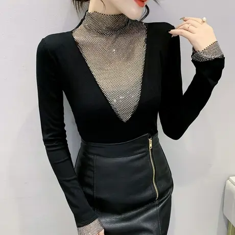 欧货性感气质T恤女长袖2024秋冬新款重工烫钻上衣加绒内搭打底衫商品大图