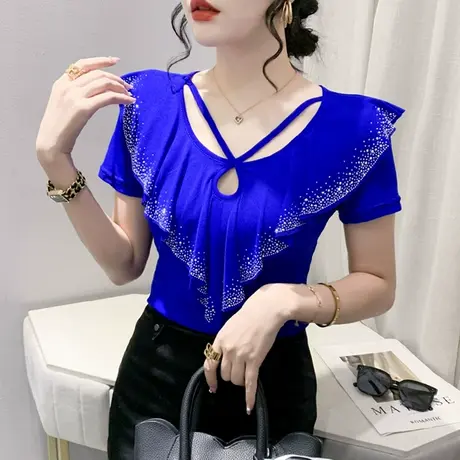 欧货网纱T恤女短袖2024夏装新款性感V领烫钻上衣洋气荷叶边小衫潮图片