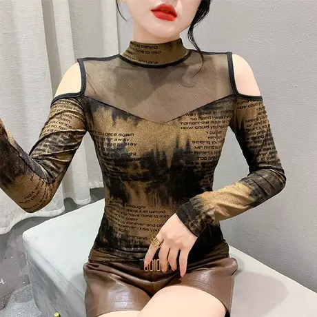 2024新款网纱拼接T恤女长袖时尚立领镂空上衣洋气修身减龄打底衫商品大图