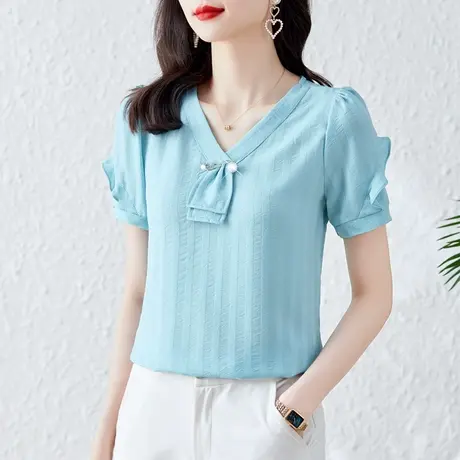 2023年夏季短袖雪纺衬衫女上衣优雅荷叶边条纹气质大码减龄衬衫女商品大图