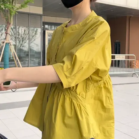 欧货设计感拼接工艺短袖衬衫女2023夏季新休闲不规则减龄别致上衣图片