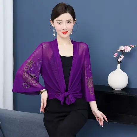 烫钻防晒衣女短款百搭外披网纱罩衫配裙小披肩外搭系带防晒开衫图片