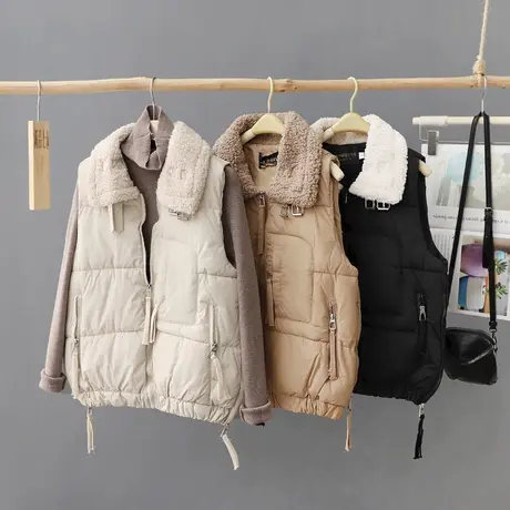 羊绒大翻领羽绒棉马甲女款外穿秋冬季外套棉衣宽松无袖棉坎肩女装图片