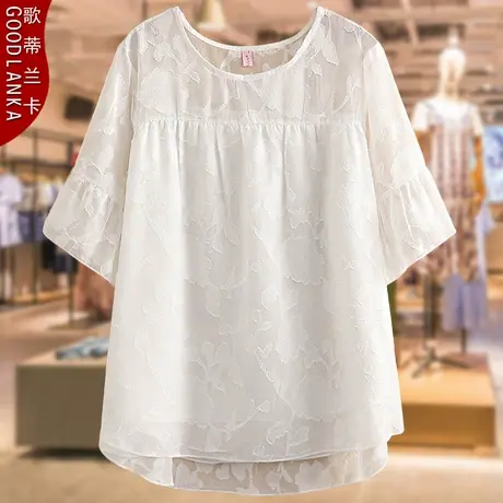 大码中年妈妈夏装短袖T恤女200斤宽松遮肚洋气网纱提花雪纺衫上衣商品大图