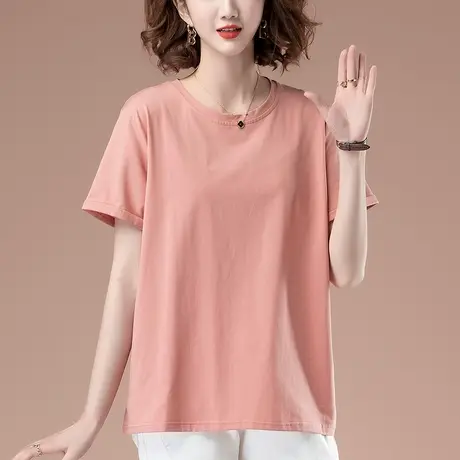 短袖t恤女夏季加肥加大码女装宽松中年妈妈纯色百搭全棉显瘦体恤商品大图