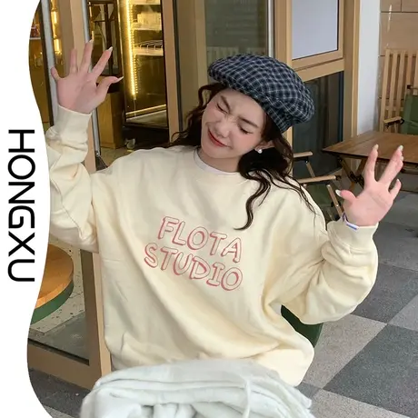 红续2023秋冬新款圆领套头上衣女oversize显瘦百搭小众加厚卫衣潮图片