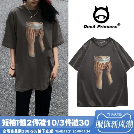 美式ins潮牌复古风深灰色T恤女vintage宽松欧货大版夏季新款上衣商品大图