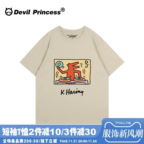 vintage古着感宽松浅卡其色短袖t恤女小众卡通ins潮牌纯棉上衣夏商品大图