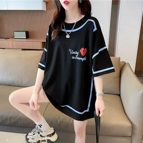 小众设计感短袖t恤女夏装韩版宽松大码中长款涂鸦百搭学生上衣服图片