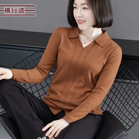 2025新款春装翻领坑条长袖T恤女装纯色简约大码妈妈工作职业上衣商品大图