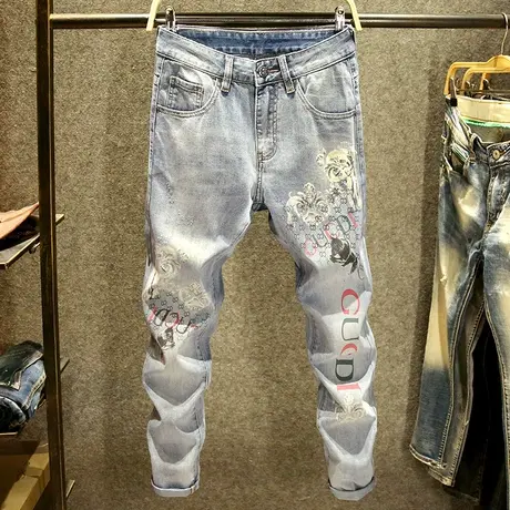 浅蓝色春季高端牛仔裤男潮牌修身小脚裤美式印花潮流百搭弹力长裤商品大图