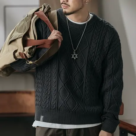 复古长袖毛衣休闲毛衣男宽松慵懒风定制精梳混纺睛纶潮流棉毛衣商品大图