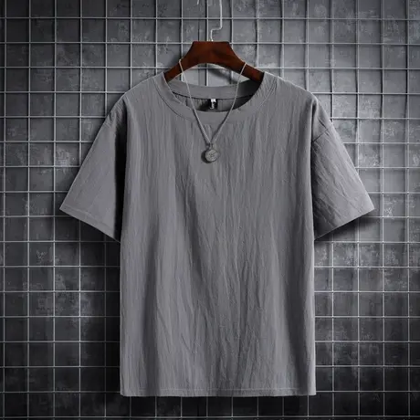 夏季休闲亚麻短袖衬衫男士无领棉麻衬衣透气薄款宽松t恤半袖上衣商品大图