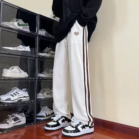 美式条纹裤子男款春秋季潮牌高街复古运动裤宽松直筒男生休闲长裤商品大图