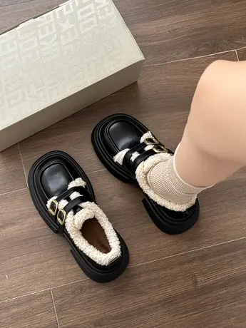 厚底英伦风加绒小皮鞋女鞋2023新款秋冬羊羔毛毛玛丽珍棉鞋乐福鞋图片