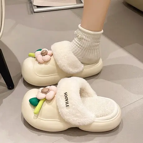 毛毛拖鞋女秋冬外穿2023新款可爱花花防滑厚底加绒保暖包头棉拖鞋商品大图