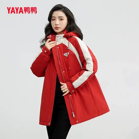 鸭鸭羽绒服女抽绳收腰2023冬季新品中长款连帽显瘦拼色外套J图片