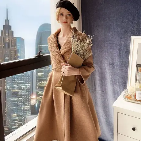 粉红大布娃娃大衣女中长款冬拼接羊毛双面呢气质外套图片