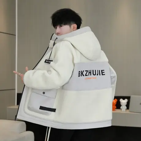 美式颗粒绒保暖外套男秋冬款加棉加厚夹克男青少年羊羔绒连帽棉衣商品大图