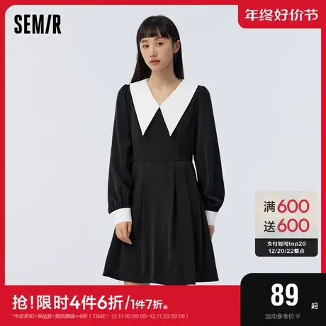 森马连衣裙女撞色尖领百褶裙法式优雅温柔早春赫本风泡泡袖气质图片