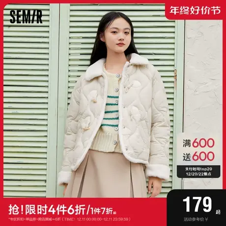 森马棉服女仿兔毛毛领宽松温柔甜美风2023冬季新款牛角扣棉衣文艺图片