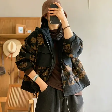 dza 复古印花宽松牛仔拼色加厚棉衣外套女冬外穿连帽棉服棉袄上衣图片