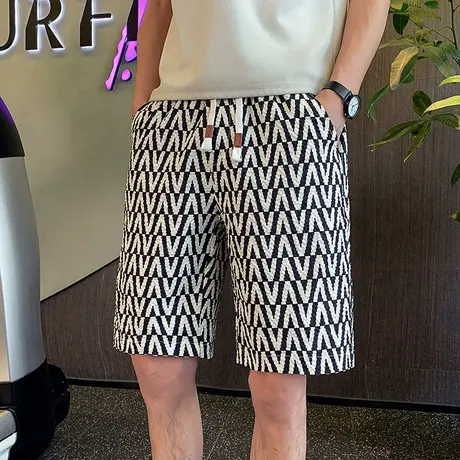 夏季男士潮流五分休闲中裤花色沙滩裤直筒运动透气抽绳短裤卫裤商品大图