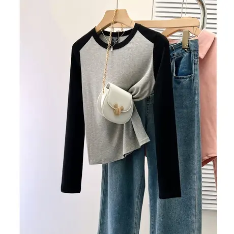 欧货正肩长袖t恤女2023春秋季插肩袖小衫螺纹修身显瘦打底衫上衣商品大图