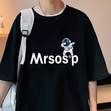 夏季宽松短袖t恤男潮牌宇航员印花ins潮流港风半袖体恤纯棉上衣服商品大图