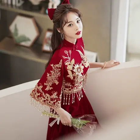 旗袍敬酒服新娘2023新款秋冬季结婚订婚回门礼服中式秀禾服酒红色商品大图