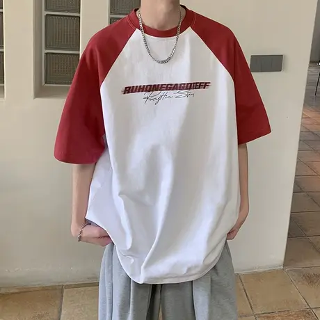 短袖t恤男夏季美式复古撞色落肩上衣宽松休闲纯棉重磅情侣体恤衫商品大图