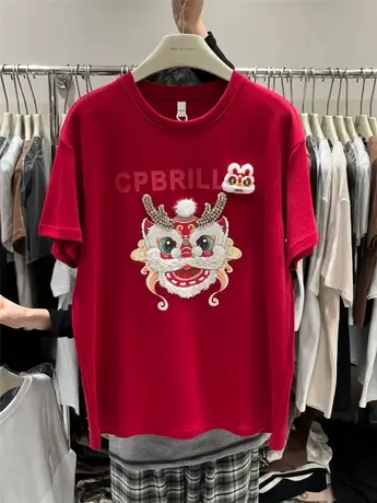 春秋冬中国风宽松大版打底衫上衣重工镶钻卡通洋气百搭短袖T恤女商品大图