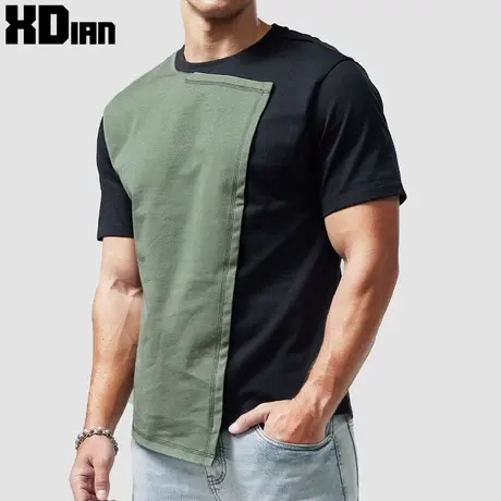 个性不规则短袖T恤男纯棉拼接撞色不对称复古国潮上衣中国风男装图片