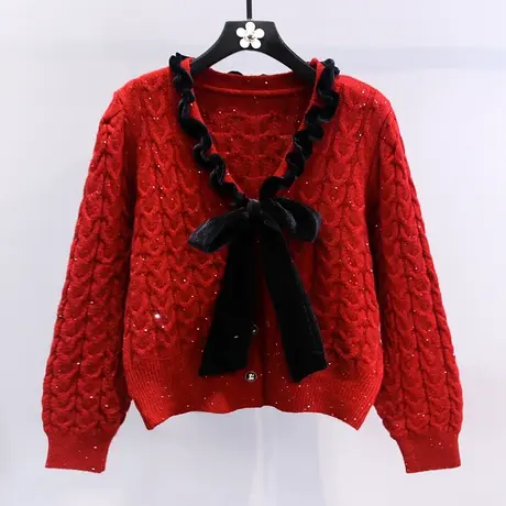 小香风木耳边蝴蝶结毛衣外套女冬季2024新款宽松设计感针织开衫商品大图