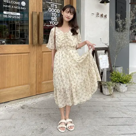 唐狮碎花长裙女夏2021新款韩版温柔初恋裙子收腰显瘦法式连衣裙D商品大图