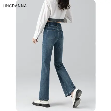 开叉高腰微喇牛仔裤女2024新款显瘦裤子小个子窄版直筒蓝色喇叭裤图片