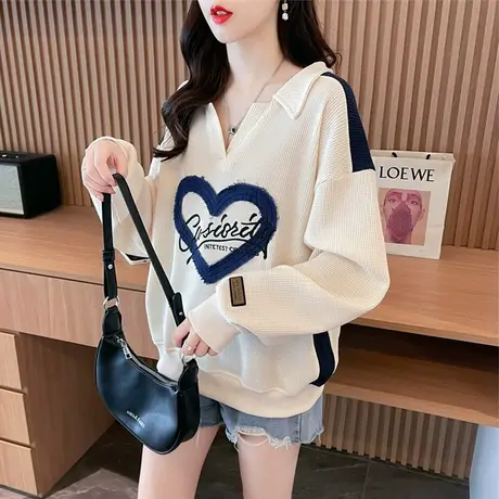 华夫格卫衣女2024新款春秋韩版宽松薄款小个子翻领polo衫上衣外套图片