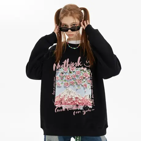 Nuthink国潮港风樱花雪山圆领卫衣男潮牌ins宽松无帽情侣装上衣潮商品大图