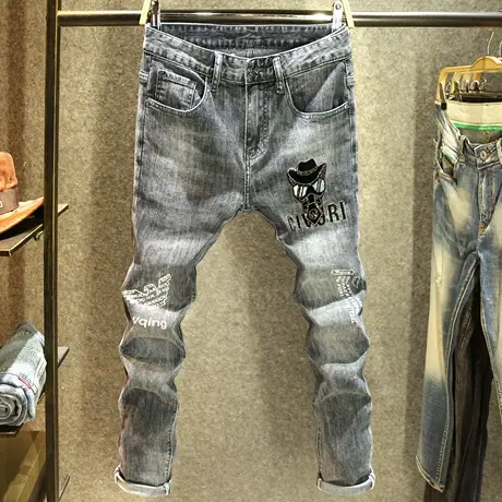 街头潮牌烫钻牛仔裤男款弹力修身小脚裤黑灰色潮流百搭裤子男春季商品大图
