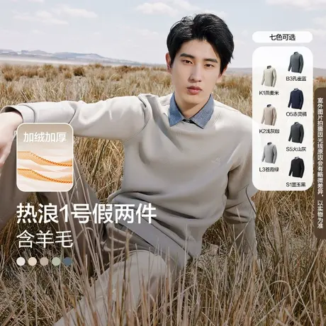 红豆男23冬季休闲加绒保暖针织衫衬衫领加厚假两件毛衣【ZB】商品大图