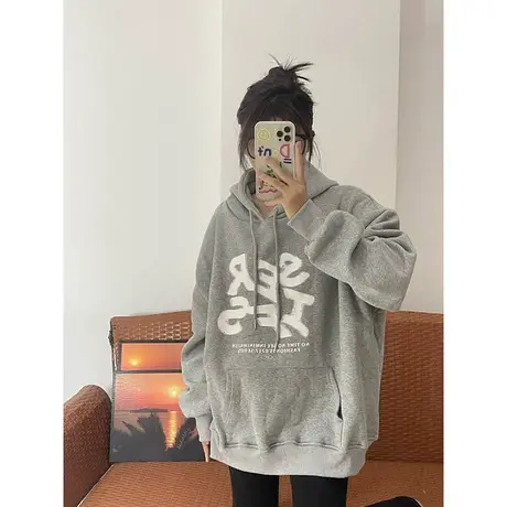 灰色连帽卫衣女秋冬加绒加厚潮牌美式复古oversize设计感宽松外套商品大图