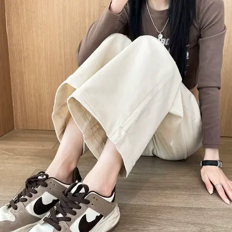 杏色卷边阔腿小个子休闲裤2024年春秋新款高腰宽松显瘦九分直筒裤商品大图