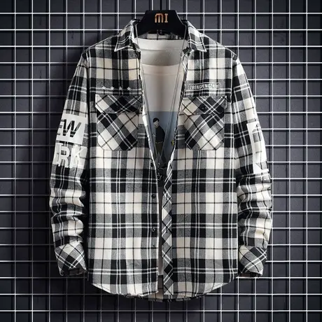 2022春季新款格子衬衫翻领男士长袖工装衬衣休闲高级衬衫男少年潮商品大图