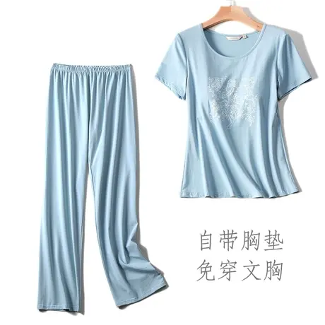 睡衣夏季女套装短袖长裤两件套新款可外穿带胸垫一体式家居服商品大图