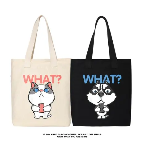 what美短猫二哈士奇玩手机卡通猫狗帆布包手提单肩斜跨包托特包商品大图