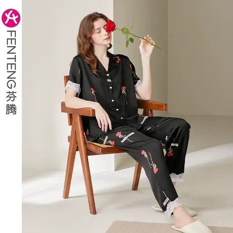 芬腾睡衣女夏季薄款冰丝短袖高级感宽松夏天休闲蕾丝边家居服套装商品大图