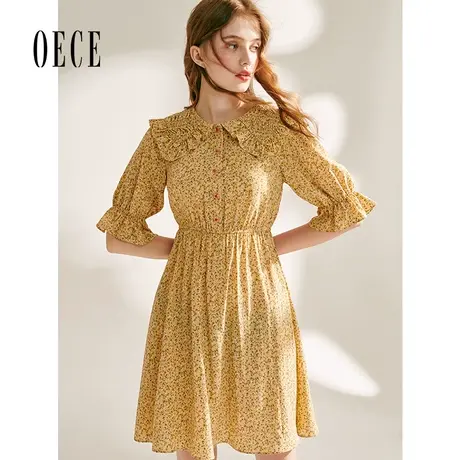 oece夏装新款女装阳光复古小碎花清新显白娃娃领喇叭袖连衣裙图片
